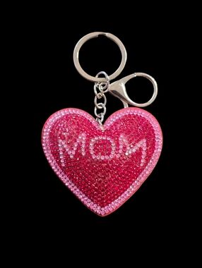 Pink Red Heart MOM Rhinestone Bag Charm Keychain